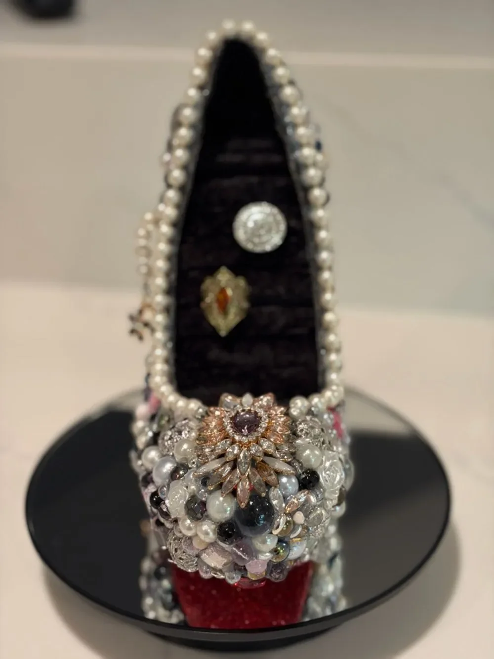 Jeweled Pearl and Crystal Stiletto High Heel Pump - Ring Holder